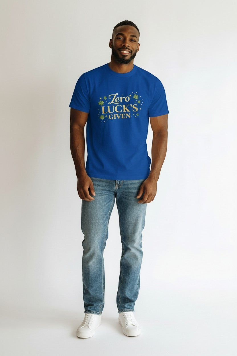 Man wearing royal blue “Zero Luck’s Given” t-shirt, a bright and playful option for everyday outfits.