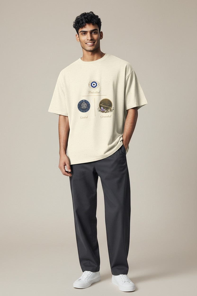 Man wearing sand-colored t-shirt with symbolic design, a warm neutral everyday outfit.