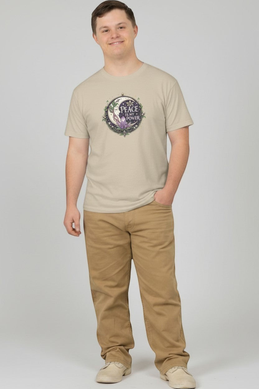 Man wearing sand-colored peace affirmation t-shirt, a relaxed and earthy casual look.