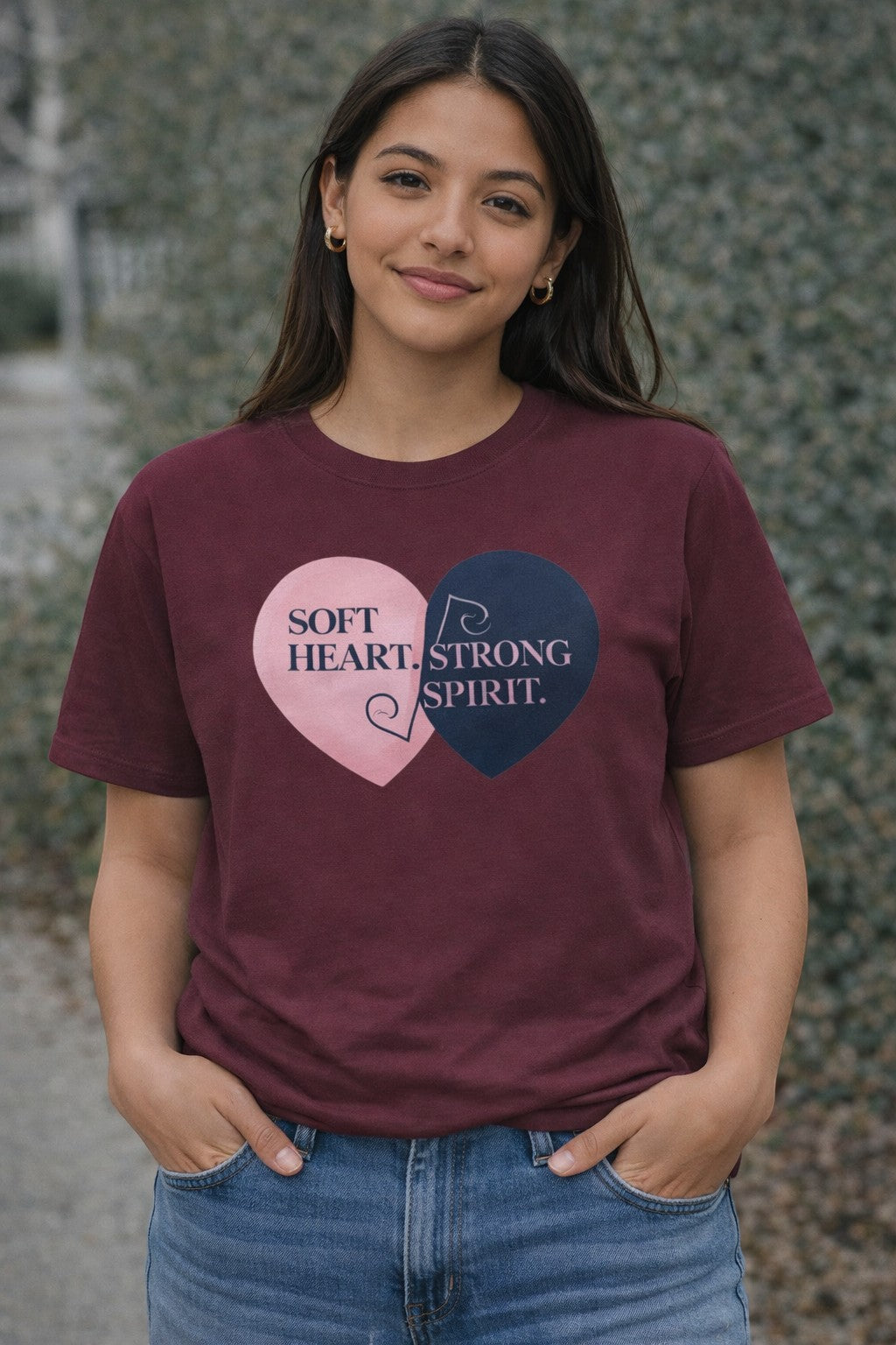 “Soft Heart Strong Spirit” t-shirt shown in multiple colors on diverse models, an empowering and meaningful everyday outfit.