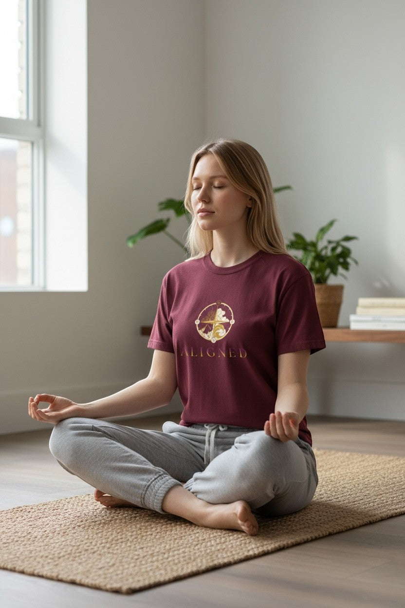 Woman meditating wearing maroon “Aligned” t-shirt, a calm and mindful spiritual lifestyle look.