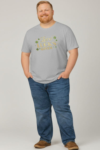 Man wearing sport grey “Zero Luck’s Given” t-shirt, perfect for relaxed and comfortable everyday wear.