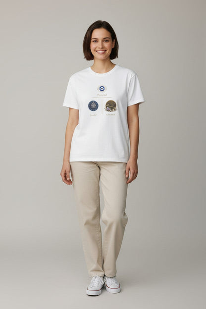 Woman wearing white t-shirt featuring symbolic design, a fresh and minimal casual outfit.