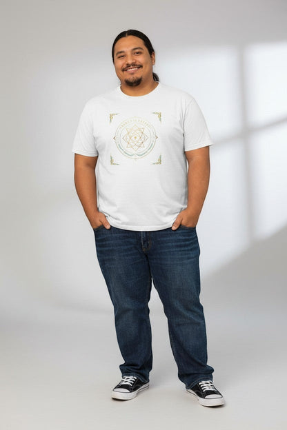 Man wearing white t-shirt with geometric spiritual symbol, a fresh and minimalist look.