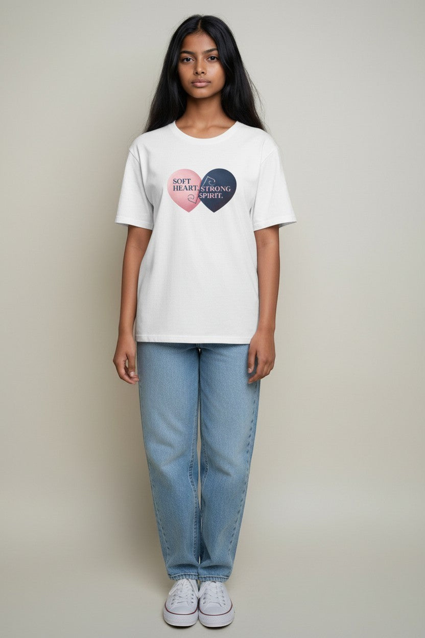 Woman wearing white “Soft Heart Strong Spirit” t-shirt, a fresh and simple outfit.