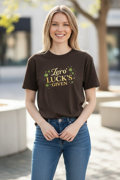 Woman wearing brown “Zero Luck’s Given” graphic t-shirt, perfect for confident casual outfits with attitude.