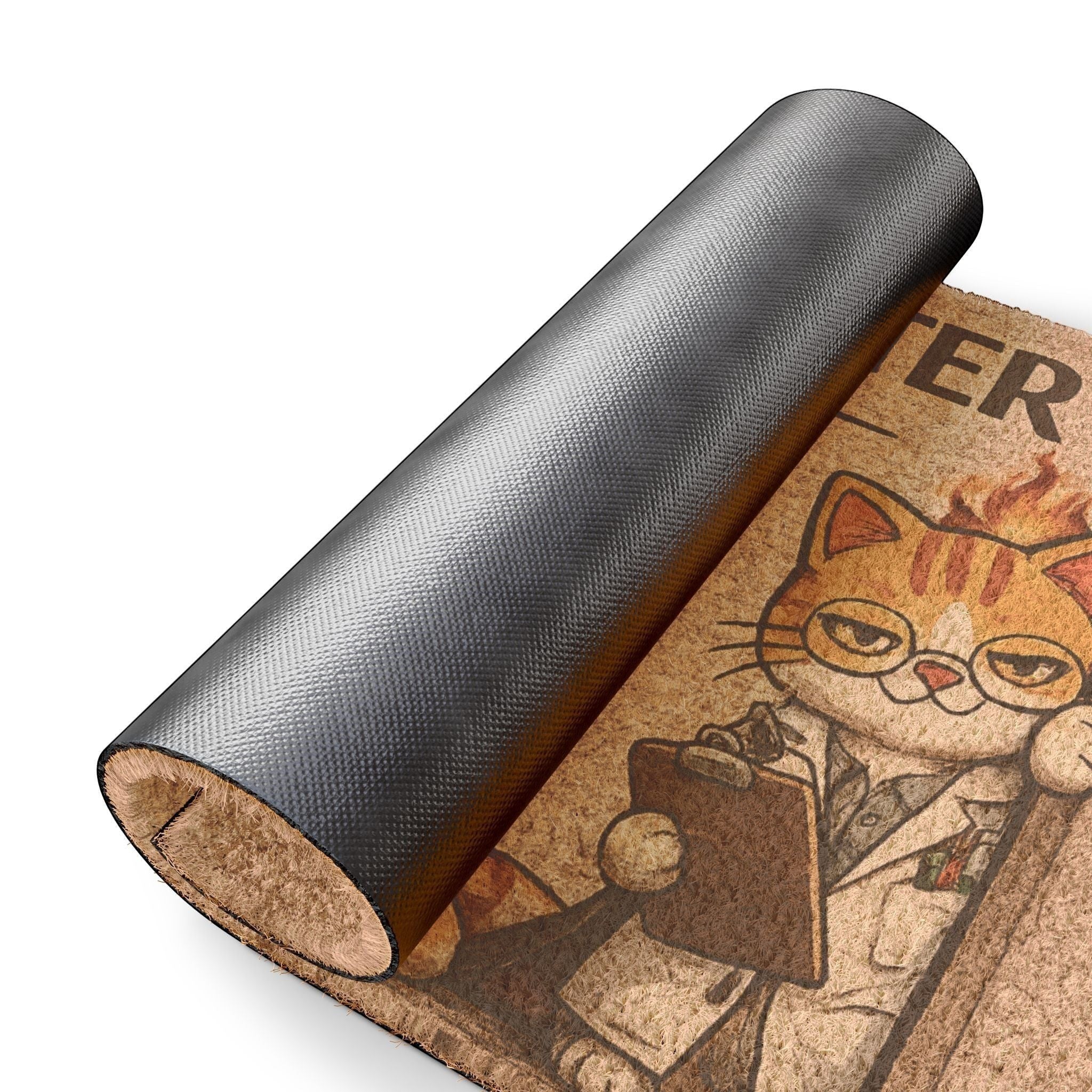 Close-up of “You May Enter” cat doormat showing rolled design and non-slip backing for durability and quality.