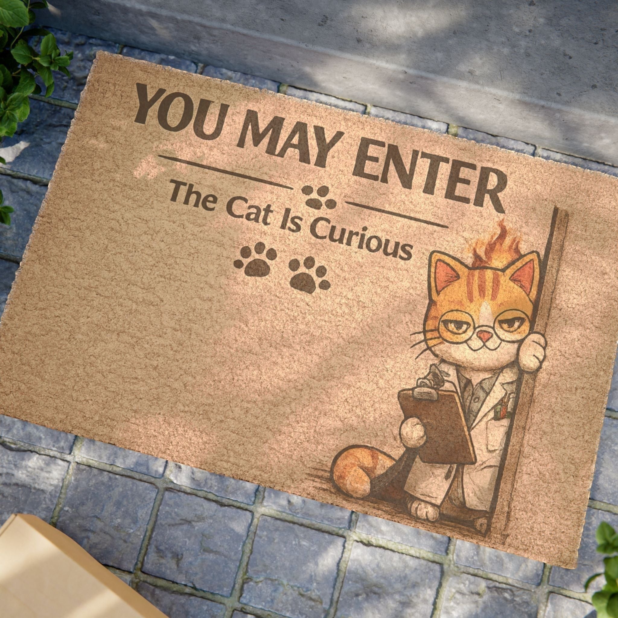 Cute “You May Enter – The Cat Is Curious” doormat, perfect for cat lovers and welcoming guests with playful charm.
