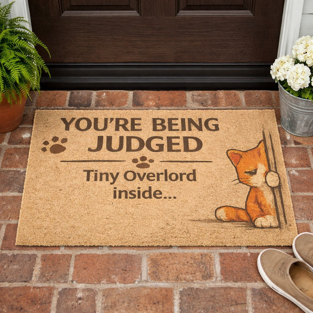 Funny “You’re Being Judged – Tiny Overlord Inside” cat doormat displayed at a front door, perfect for cat lovers with a sense of humor.