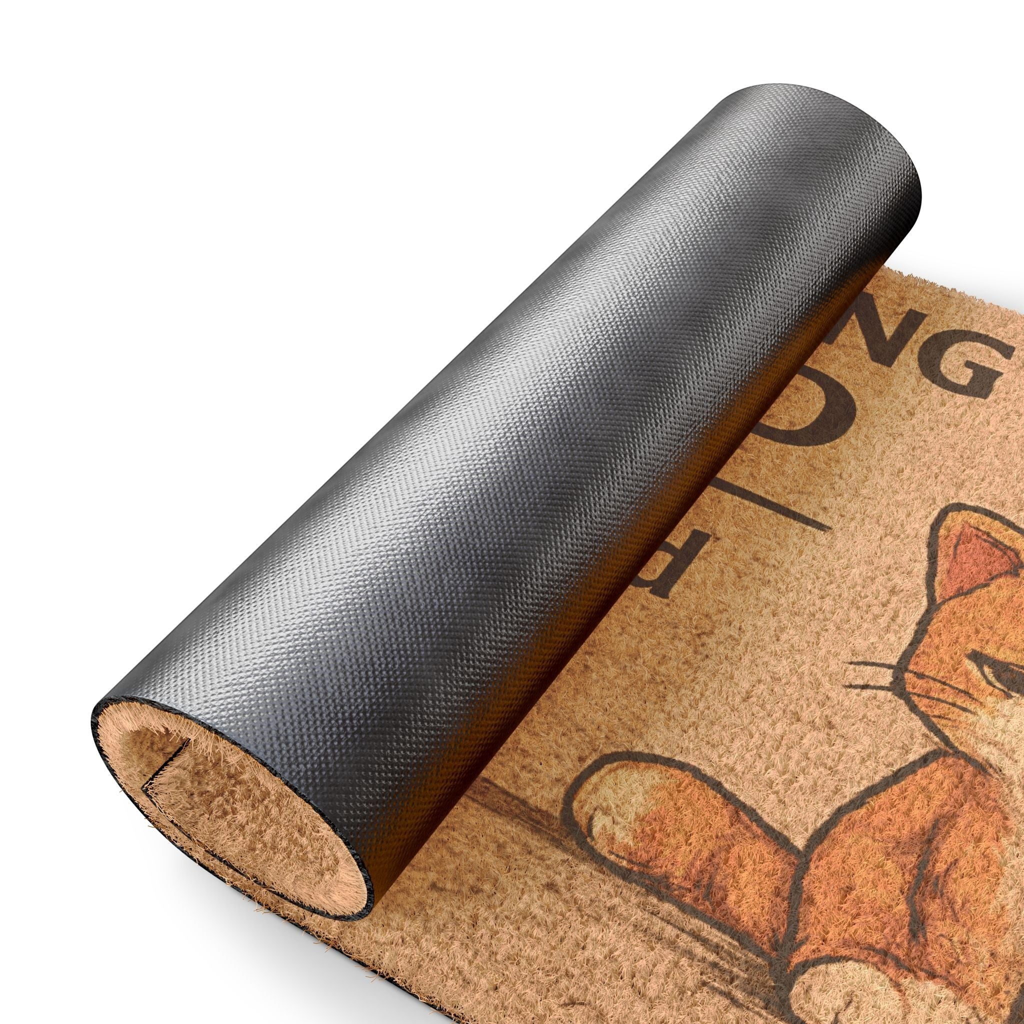 Close-up of “You’re Being Judged” cat doormat showing rolled design and non-slip backing for durability and quality.
