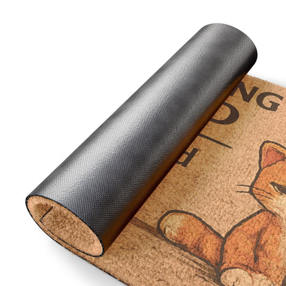 Close-up of “You’re Being Judged” cat doormat showing rolled design and non-slip backing for durability and quality.