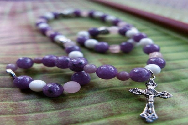 Purple amethyst and white jade bead rosary bracelet with cross