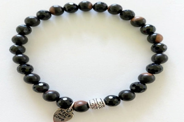 Black Tourmaline and Black Rosewood Stretch Bracelet made with round black tourmaline bead and round black rosewood beads with made with love charm
