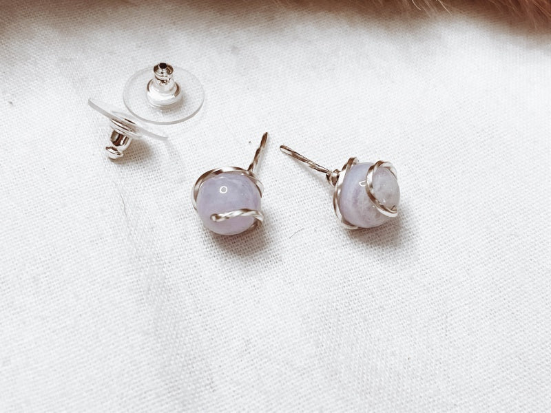 Blue Lace Agate stone wrapped in twisted sterling sliver post earrings
