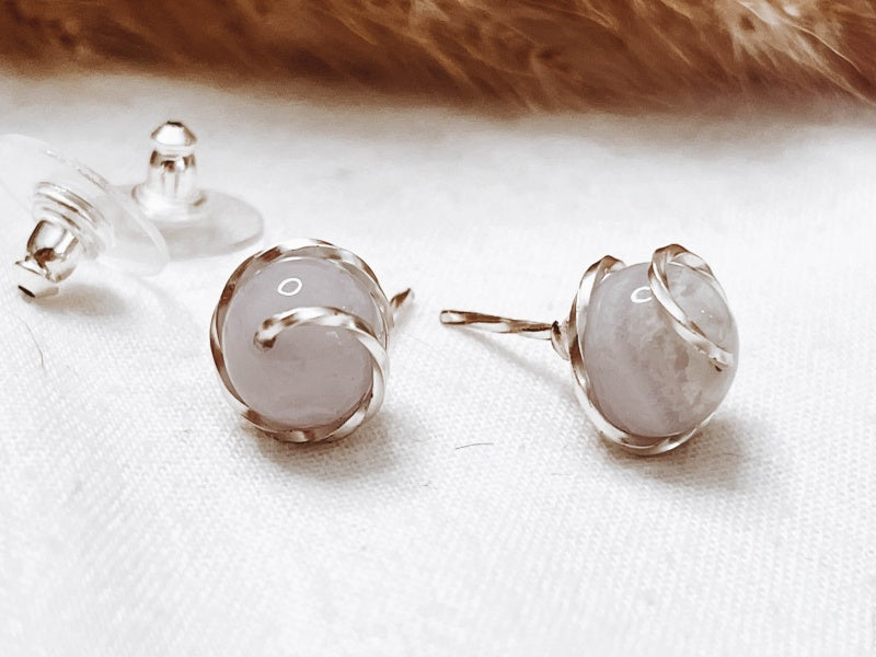 Blue Lace Agate stone wrapped in twisted sterling sliver post earrings