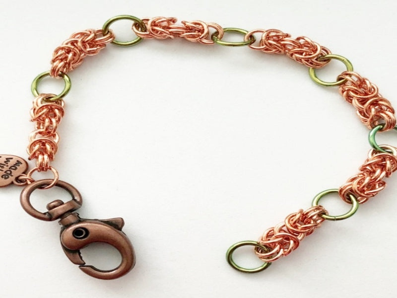 Green niobium with copper Byzantine chain maille bracelet