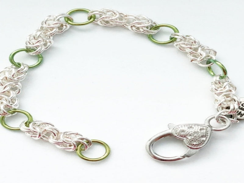 Green niobium with Silver-plated Byzantine chain maille bracelet