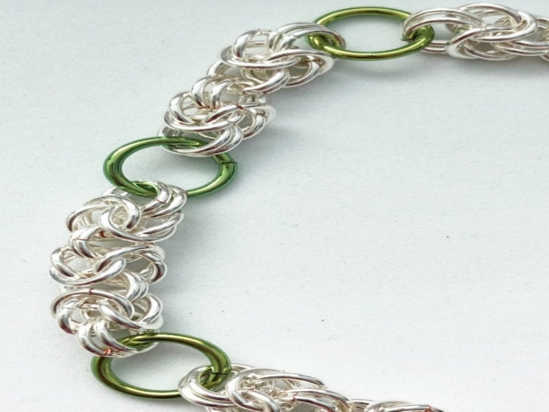 Green niobium with Silver-plated Byzantine chain maille bracelet