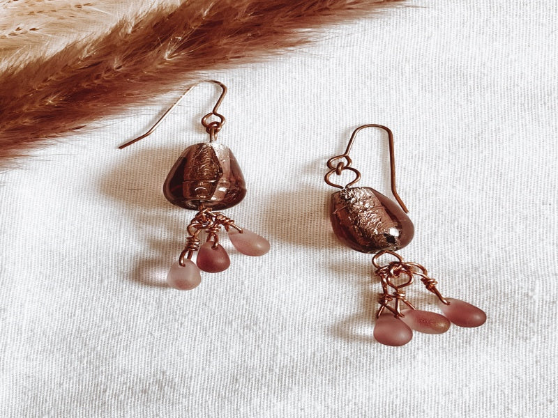 Copper Wire Wrapped earrings with Purple Lampworks and Frosted Glass 