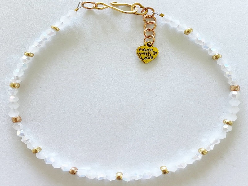 White and gold crystal seed bead necklace with made with love charm