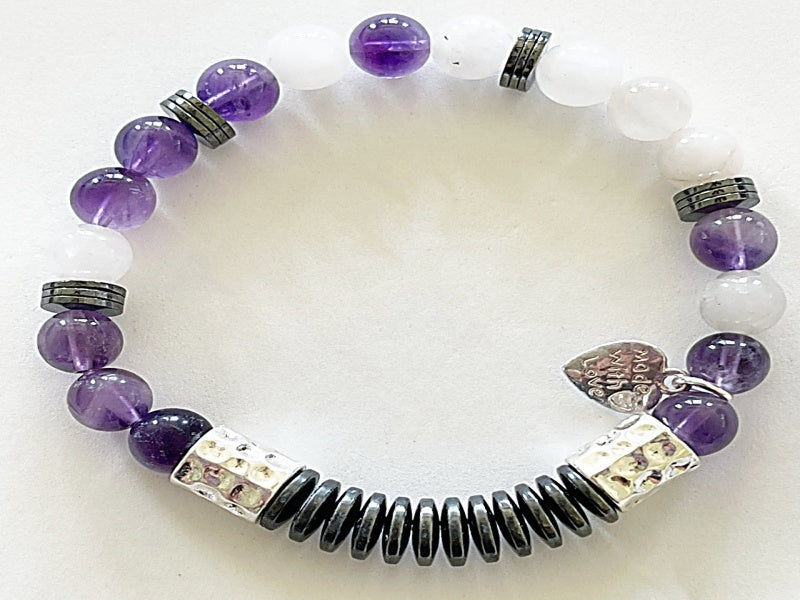 AMETHYST BEADS with Metal Spacers- Stretch Bracelet
