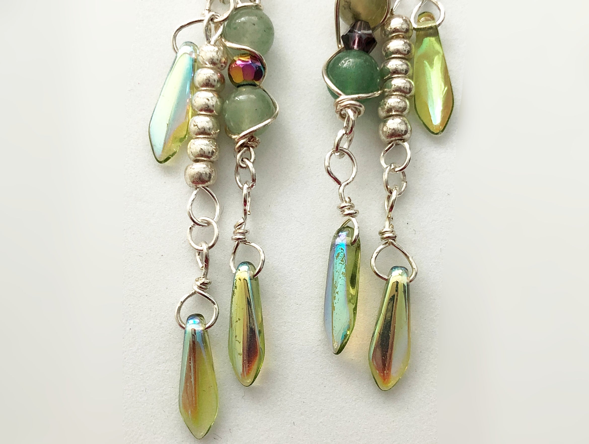 Green Jade with Tear Drop Crystals and Glass Seed Bead Earrings