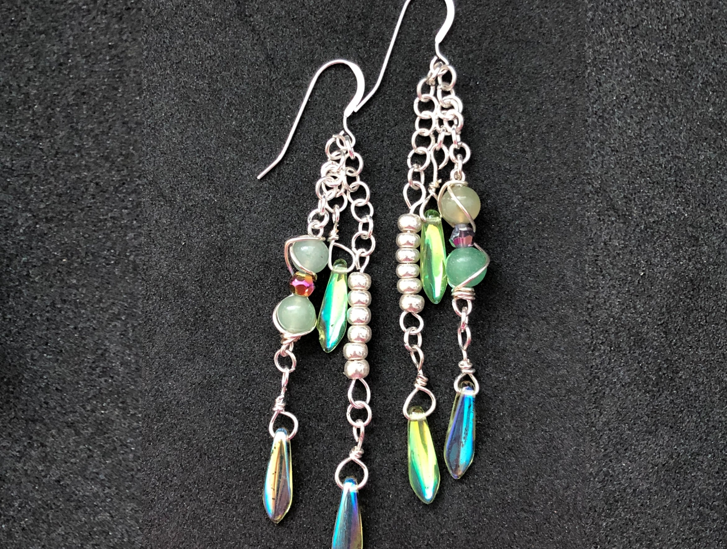Green Jade with Tear Drop Crystals and Glass Seed Bead Earrings