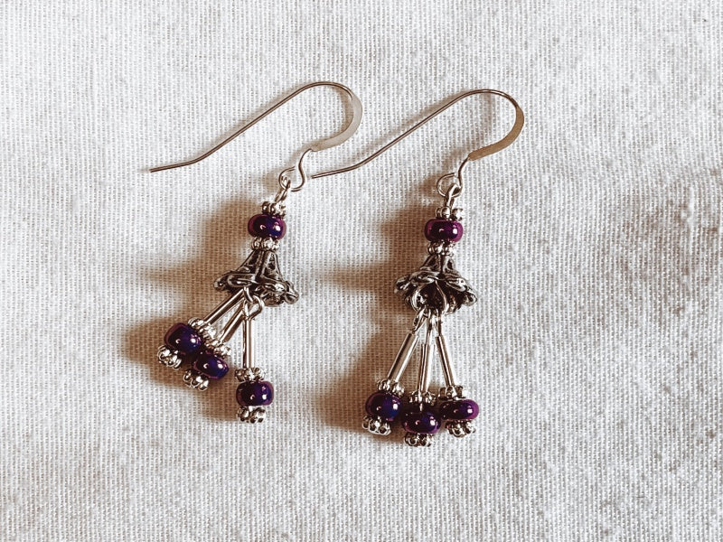 Purple Seed Bead with Silver-Plated Bugle Beads