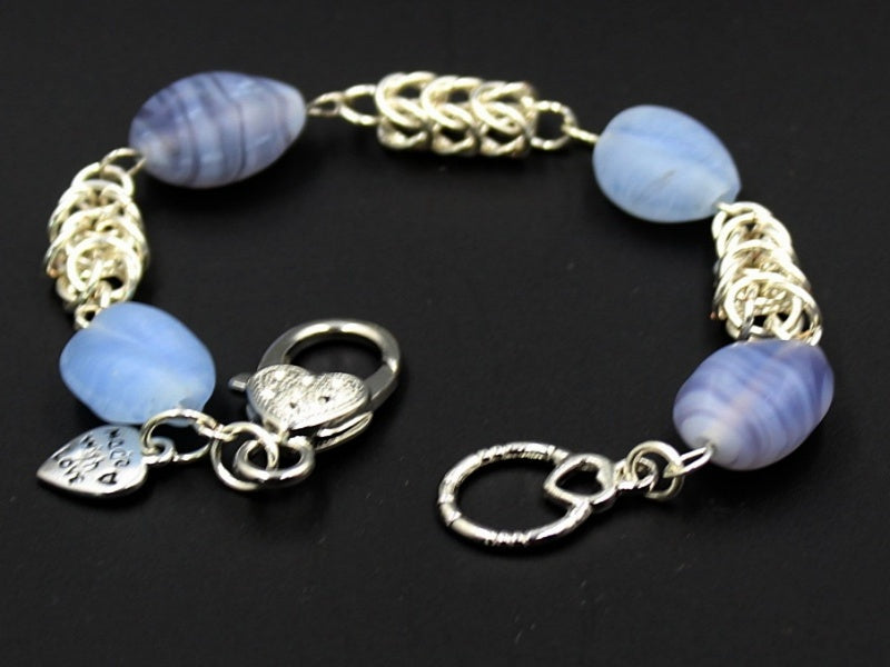 Chain Maille Bracelet | Byzantine with Frosted Blue Glass Beads