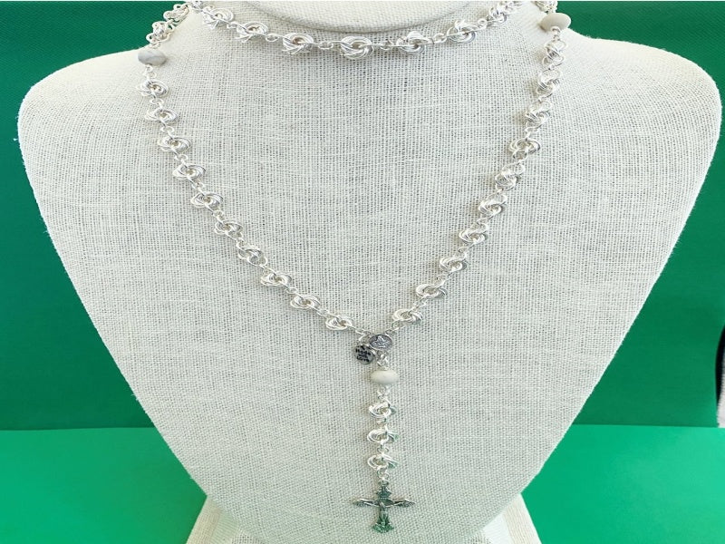 Chain Maille Necklace | Silver Love Knot with Howlite