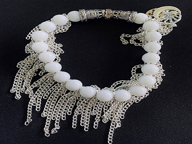 Snow Jade and Silver-Plated Stretch Bracelet with Charms