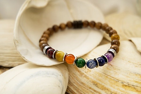 This special bracelet is made with fragrant black rosewood, red jade, lapis, and tiger eye for an effective chakra bracelet. It is worn by many for grounding, imparted growth, and protection.