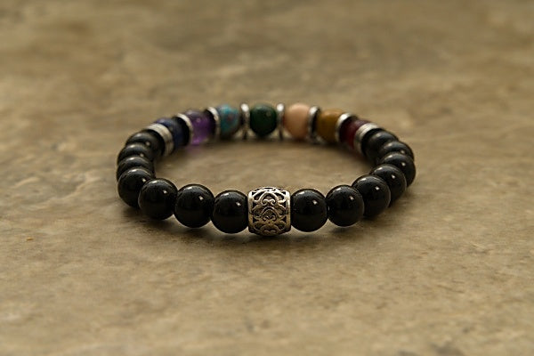 Chakra Stretch Bracelet With Fuchsite, Black Onyx, and Indigo
