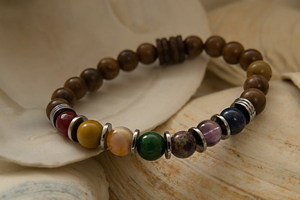 Chakra Stretch Bracelet with Amethyst, Tiger Eye, Lapis, Green Quartz, Orange Pressed Glass and Ruby Jade with Sandalwood Mala Beads