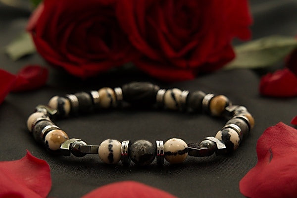 Stretch Bracelet with Jade, Jasper, Hematite, and Carved Wooden Tribal Bead 