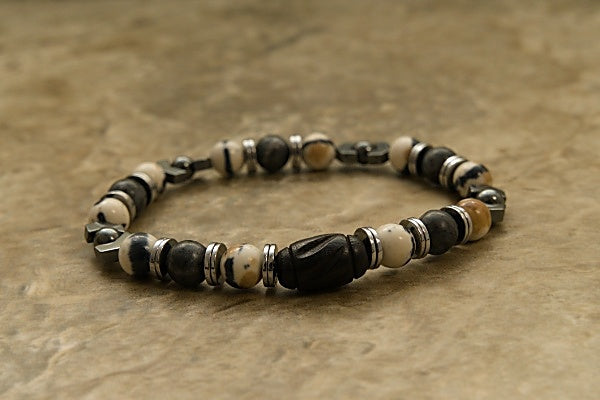 Stretch Bracelet with Jade, Jasper, Hematite, and Carved Wooden Tribal Bead 