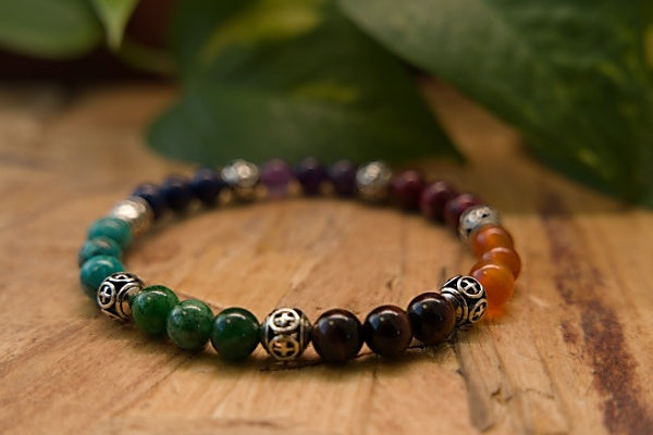 Chakra stretch bracelet with semi precious stones represents all colors of the chakra Red, Orange, Yellow, Green, Blue, Indigo, & Violet