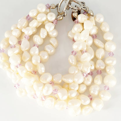 Bridal Collection Bracelet – 6-Strand Freshwater Pearls with Purple Crystals